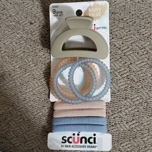 New 9 Piece Scunci Clip Hair Tie and Coil Scrunchie Set Tan Blue